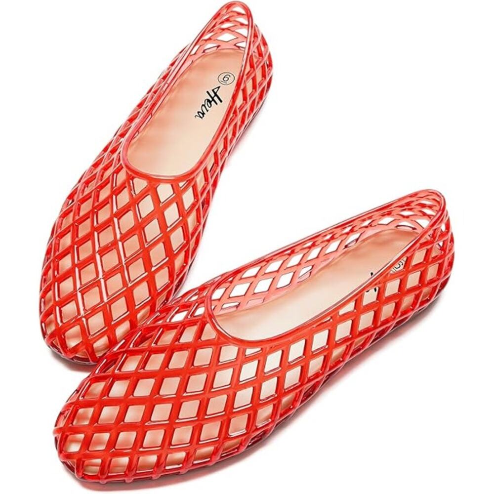 HEVA Jelly Mesh Flats Breathable Clear Summer Beach Jellies Ballet Sandals Sz 8